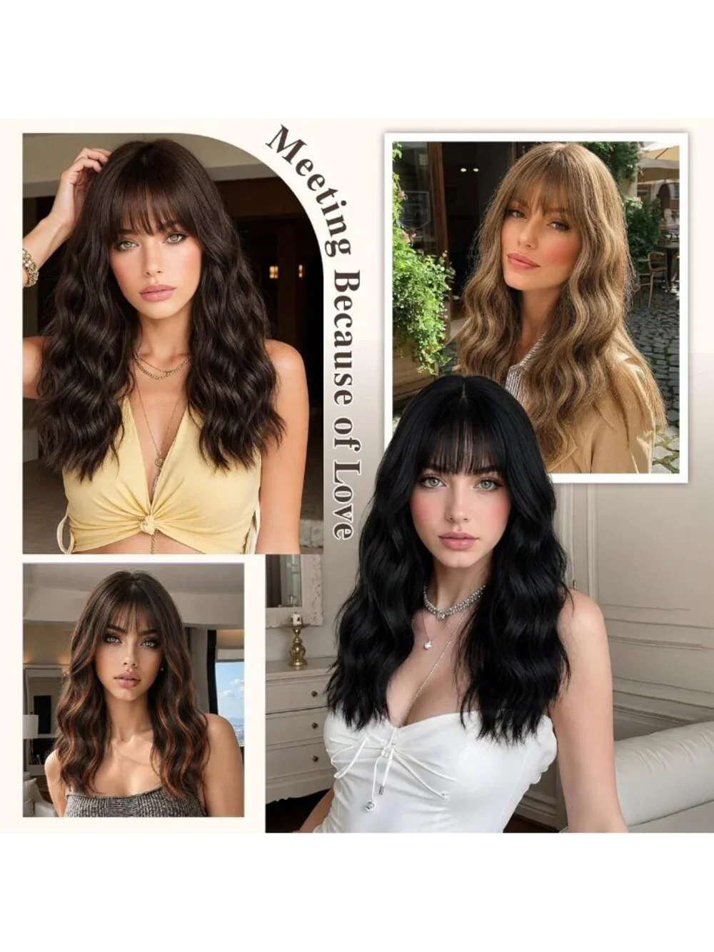 20-Inch Medium Long Wavy Wig with Bangs - Natural Curly Hair for Women